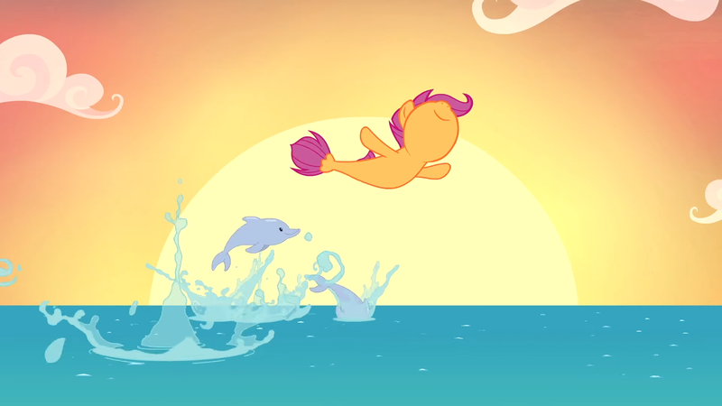 Size: 1920x1080 | Tagged: cute, derpibooru import, dolphin, free willy, jumping, nose in the air, safe, scootaloo, screencap, sea-mcs, seaponified, seapony (g4), seapony scootaloo, season 8, solo, species swap, sunset, surf and/or turf, your heart is in two places