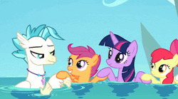 Size: 852x474 | Tagged: alicorn, animated, apple bloom, classical hippogriff, cutie mark crusaders, derpibooru import, edit, hippogriff, safe, scootaloo, screencap, sea-mcs, seaponified, seapony apple bloom, seapony (g4), seapony scootaloo, seapony sweetie belle, seapony twilight, season 8, species swap, surf and/or turf, sweetie belle, terramar, transformation, twilight sparkle, twilight sparkle (alicorn), underwater, water