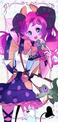 Size: 1020x2122 | Tagged: safe, artist:dusty-munji, derpibooru import, gummy, pinkie pie, equestria girls, alternate universe, candy, clothes, devil tail, dress, food, lollipop, plushie, skirt, socks, solo, suspenders, tail, thigh highs, witch