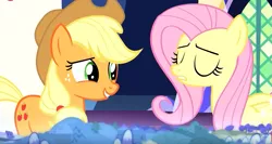 Size: 775x412 | Tagged: safe, derpibooru import, screencap, applejack, fluttershy, earth pony, pegasus, pony, season 8, sounds of silence, duo, eyes closed, female, map, mare, twilight's castle, youtube link