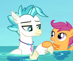 Size: 1010x846 | Tagged: safe, derpibooru import, screencap, scootaloo, terramar, classical hippogriff, hippogriff, pegasus, pony, surf and/or turf, bedroom eyes, cropped, duo, holding hands, out of context, ponies standing next to each other, shipping fuel, smiling, water