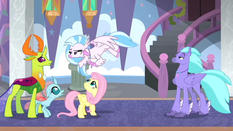 Size: 1920x1080 | Tagged: safe, derpibooru import, screencap, fluttershy, ocellus, seaspray, silverstream, thorax, changedling, changeling, classical hippogriff, hippogriff, pegasus, pony, school daze, season 8, changeling king, duo, feathered fetlocks, female, flying, jewelry, king thorax, looking up, male, necklace, smiling