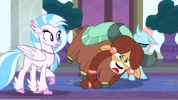 Size: 1920x1080 | Tagged: changedling, changeling, classical hippogriff, cloven hooves, derpibooru import, female, hippogriff, jewelry, necklace, ocellus, raised claw, safe, school daze, screencap, season 8, silverstream, smiling, tripping, yak, yona