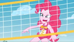 Size: 1280x720 | Tagged: safe, derpibooru import, screencap, pinkie pie, equestria girls, equestria girls series, forgotten friendship, beach, beach volleyball, clothes, faic, net, solo, sports, swimsuit, volleyball, volleyball net