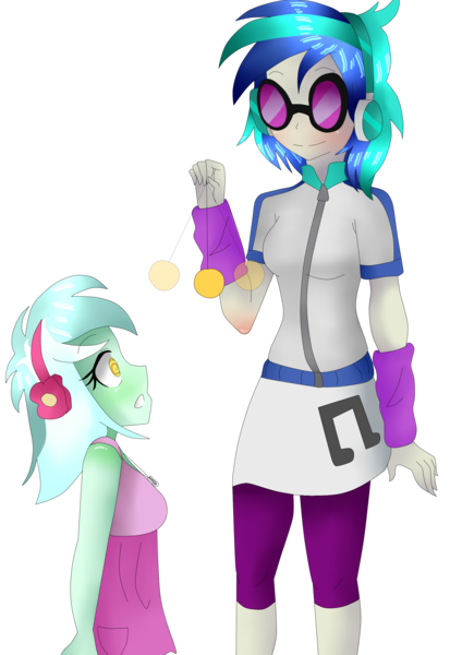 Size: 2176x3076 | Tagged: safe, artist:billcipherspuppet, derpibooru import, lyra heartstrings, vinyl scratch, equestria girls, clothes, headphones, hypnosis, hypnotized, leggings, pendulum swing, simple background, sunglasses, transparent background