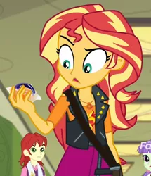 Size: 860x1000 | Tagged: safe, derpibooru import, edit, edited screencap, screencap, nolan north, starlight, sunset shimmer, equestria girls, equestria girls series, forgotten friendship, background human, clothes, cropped, discovery family logo, female, fiery shimmer, fire, jacket, meme, solo focus, sunset holding things, tide pods