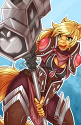 Size: 990x1530 | Tagged: safe, artist:bumblebun, derpibooru import, part of a set, applejack, anthro, earth pony, armor, fantasy class, female, freckles, hammer, knight, mare, open mouth, paladin, smiling, solo, warrior