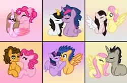 Size: 1010x664 | Tagged: safe, artist:cindydreamlight, derpibooru import, cheese sandwich, discord, flash sentry, fluttershy, pinkie pie, twilight sparkle, twilight sparkle (alicorn), oc, oc:cindy, alicorn, pony, bubble berry, butterscotch, canon x oc, cheesepie, discoshy, dusk shine, female, flashlight, glasses, kissing, male, mare, nuzzling, pony discord, rule 63, shipping, straight
