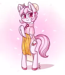 Size: 1856x2160 | Tagged: safe, artist:dsp2003, derpibooru import, oc, oc:sakuragi-san, unofficial characters only, pony, unicorn, bipedal, blushing, cheongsam, clothes, dress, female, flower petals, mare, side slit