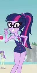 Size: 553x1079 | Tagged: safe, derpibooru import, screencap, sci-twi, starlight, twilight sparkle, equestria girls, equestria girls series, forgotten friendship, adorasexy, adorkable, beach, clothes, cropped, cute, dork, glasses, looking at you, peace sign, ponytail, sexy, smiling, swimsuit, twiabetes