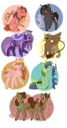 Size: 900x1700 | Tagged: safe, artist:jinx-wolf-47, derpibooru import, oc, oc:dreamcatcher, oc:ember, oc:jazzy, oc:marigold, oc:moonshine, oc:phantom, oc:serri, oc:thunder feather, earth pony, pegasus, pony, unicorn, adoptable, griffon oc, simple background, tongue out, transparent background