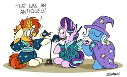 Size: 2356x1426 | Tagged: safe, artist:bobthedalek, derpibooru import, starlight glimmer, sunburst, trixie, pony, unicorn, alternate hairstyle, cape, clothes, cup, eyes closed, female, food, hat, inconvenient trixie, kimono (clothing), magic, male, mare, mouth hold, proud, simple background, stallion, tea, tea ceremony, teacup, teapot, that pony sure does love antiques, that pony sure does love teacups, transformation, trio, trixie's cape, trixie's hat, white background