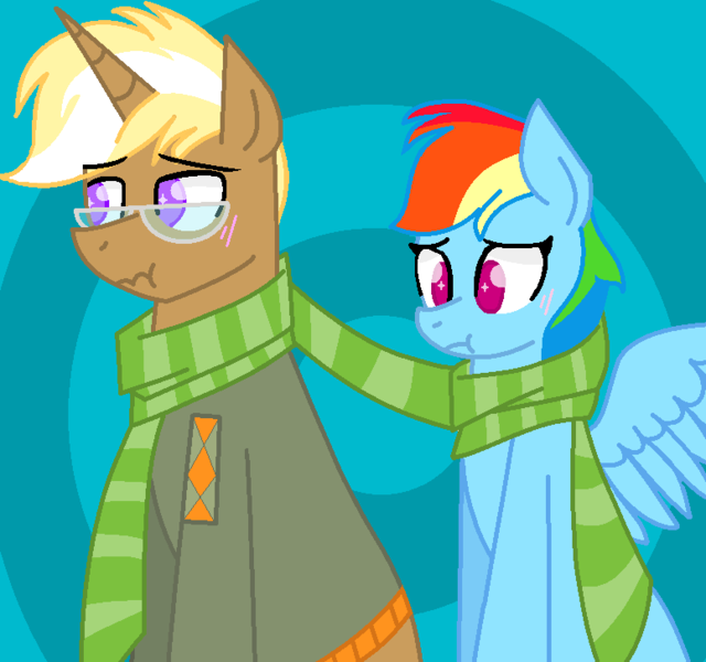 Size: 776x728 | Tagged: abstract background, artist:moonlightnote, base used, clothes, derpibooru import, female, male, rainbow dash, safe, scarf, shared clothing, shared scarf, shipping, straight, trenderdash, trenderhoof