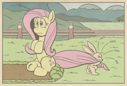 Size: 1883x1282 | Tagged: angel bunny, artist:regularmouseboy, derpibooru import, fence, fluttershy, pulling, safe, sit, tail, tail pull, vintage