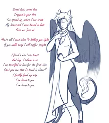 Size: 1691x1908 | Tagged: safe, artist:blackblood-queen, derpibooru import, oc, oc:daniel dasher, unofficial characters only, anthro, dracony, hybrid, pegasus, unguligrade anthro, anthro oc, clothes, cloven hooves, crossdressing, crossover, crossover shipping, dress, eyes closed, leonine tail, male, monochrome, shipping, simple background, sketch, solo, stallion, white background