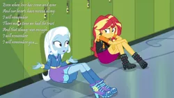 Size: 1280x720 | Tagged: safe, derpibooru import, edit, edited screencap, screencap, sunset shimmer, trixie, equestria girls, equestria girls series, forgotten friendship, boots, clothes, duo, high heel boots, high heels, hoodie, i will remember, image macro, jacket, leather jacket, lyrics, meme, shoes, skirt, socks, song reference, text, toto (band)