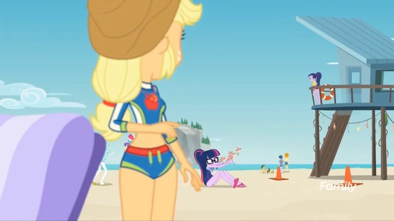 Size: 1365x767 | Tagged: safe, derpibooru import, screencap, applejack, baewatch, microchips, paisley, sandalwood, sci-twi, starlight, twilight sparkle, valhallen, equestria girls, equestria girls series, forgotten friendship, background human, beach, clothes, feet, geode of super strength, hips, magical geodes, midriff, rock horse, sandals, swimsuit