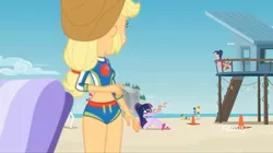 Size: 1365x767 | Tagged: safe, derpibooru import, screencap, applejack, baewatch, microchips, paisley, sandalwood, sci-twi, starlight, twilight sparkle, valhallen, equestria girls, equestria girls series, forgotten friendship, background human, beach, clothes, feet, geode of super strength, hips, magical geodes, midriff, rock horse, sandals, swimsuit