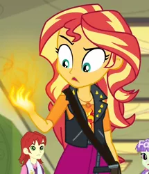 Size: 860x1000 | Tagged: safe, derpibooru import, edit, edited screencap, screencap, nolan north, starlight, sunset shimmer, equestria girls, equestria girls series, forgotten friendship, background human, cropped, discovery family logo, doctor who, fiery shimmer, glowing hands, regeneration, sunset holding things