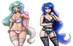 Size: 2280x1450 | Tagged: armpits, artist:king-kakapo, belly button, big breasts, blue underwear, bra, breasts, busty princess celestia, busty princess luna, cleavage, clothes, composite, composition, derpibooru import, duo, duo female, female, frilly underwear, garter belt, human, humanized, large voluminous hair, lingerie, long hair, one eye closed, panties, pink underwear, praise the sun, princess celestia, princess luna, ribbon, siblings, simple background, sisters, stockings, stupid sexy celestia, stupid sexy princess luna, suggestive, thigh highs, underwear, white background, wink