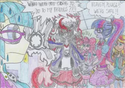 Size: 1755x1242 | Tagged: safe, artist:nephilim rider, derpibooru import, juniper montage, pinkie pie, sci-twi, sunset shimmer, twilight sparkle, oc, oc:heaven lost, equestria girls, mirror magic, spoiler:eqg specials, traditional art