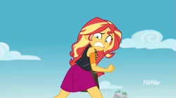 Size: 761x424 | Tagged: safe, derpibooru import, screencap, sunset shimmer, equestria girls, equestria girls series, forgotten friendship, bag, clothes, cloud, discovery family, discovery family logo, female, looking down, running, scared, skirt, sky, vest, watermark