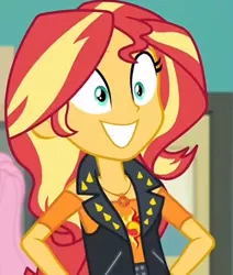 Size: 368x433 | Tagged: safe, derpibooru import, screencap, fluttershy, sunset shimmer, equestria girls, equestria girls series, forgotten friendship, canterlot high, clothes, cutie mark, cutie mark on clothes, female, geode of empathy, grin, hand on hip, jewelry, magical geodes, necklace, pendant, smiling, sun, vest
