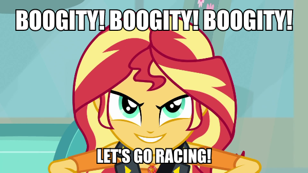 Size: 600x337 | Tagged: safe, derpibooru import, edit, edited screencap, screencap, sunset shimmer, driving miss shimmer, equestria girls, equestria girls series, darrell waltrip, evil grin, grin, image macro, meme, nascar, smiling, smirk