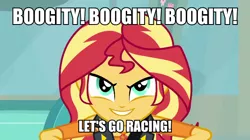 Size: 600x337 | Tagged: safe, derpibooru import, edit, edited screencap, screencap, sunset shimmer, driving miss shimmer, equestria girls, equestria girls series, darrell waltrip, evil grin, grin, image macro, meme, nascar, smiling, smirk