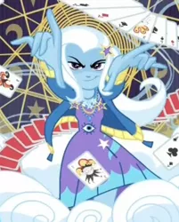 Size: 406x506 | Tagged: safe, derpibooru import, screencap, trixie, equestria girls, equestria girls series, forgotten friendship, clothes, cropped, cutie mark clothes, dress, jacket, jewelry, joker, magic, magic show, magic trick, magic wand, necklace, playing card, poster, solo