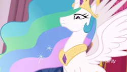 Size: 744x426 | Tagged: safe, derpibooru import, screencap, princess celestia, alicorn, pony, equestria girls, equestria girls series, forgotten friendship, canterlot castle, castle, celestia is not amused, chestplate, crown, discovery family, discovery family logo, ethereal mane, ethereal tail, female, flowing hair, flowing mane, frown, glare, horn, jewelry, looking at someone, looking down, majestic, multicolored mane, narrowed eyes, peytral, regalia, serious, solo, sparkles, spread wings, stars, stern, throne room, unamused, watermark