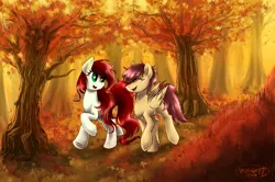 Size: 3743x2492 | Tagged: safe, artist:moonlightfl, derpibooru import, oc, unofficial characters only, pegasus, pony, autumn, duo, leaves, tree, walking