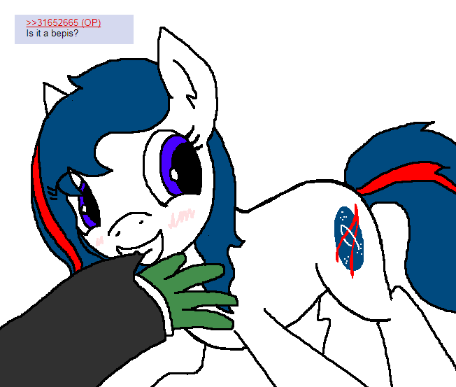 Size: 652x553 | Tagged: safe, anonymous artist, derpibooru import, oc, oc:anon, oc:nasapone, earth pony, pony, 4chan, bepis, biting, blushing, cute, dragging, eyes closed, female, grin, hand, looking back, mare, mouth hold, offscreen character, pulling, raised hoof, simple background, smiling, solo focus, squee, white background