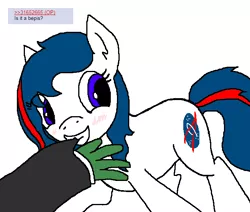 Size: 652x553 | Tagged: safe, anonymous artist, derpibooru import, oc, oc:anon, oc:nasapone, earth pony, pony, 4chan, bepis, biting, blushing, cute, dragging, eyes closed, female, grin, hand, looking back, mare, mouth hold, offscreen character, pulling, raised hoof, simple background, smiling, solo focus, squee, white background
