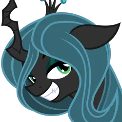 Size: 500x500 | Tagged: artist:burgerkiss, bust, changeling, changeling queen, derpibooru, derpibooru badge, derpibooru import, grin, lidded eyes, meta, queen chrysalis, safe, simple background, smiling, solo, svg, .svg available, transparent background, vector