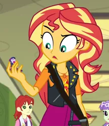 Size: 860x1000 | Tagged: safe, derpibooru import, edit, edited screencap, screencap, nolan north, starlight, sunset shimmer, twilight sparkle, equestria girls, equestria girls series, forgotten friendship, background human, cropped, discovery family logo, exploitable meme, meme, micro, sunset holding things, twiscream