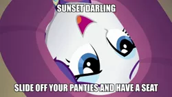 Size: 1190x675 | Tagged: suggestive, derpibooru import, edit, edited screencap, screencap, rarity, driving miss shimmer, equestria girls, equestria girls series, darling, driving miss shimmer: rarity, image macro, implied facesitting, implied lesbian, implied sunsarity, meme, solo