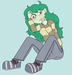 Size: 1281x1336 | Tagged: safe, artist:lawrence alpaca, derpibooru import, wallflower blush, equestria girls, equestria girls series, forgotten friendship, ass, clothes, jeans, lip bite, nervous, pants, shoes, sweater