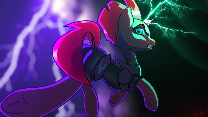 Size: 5760x3240 | Tagged: safe, artist:cherry pop, derpibooru import, tempest shadow, pony, unicorn, my little pony: the movie, angry, armor, blurred background, blurry, broken horn, female, lightning, looking at you, looking back, magic, mare, solo, underhoof