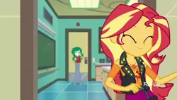 Size: 1280x720 | Tagged: safe, derpibooru import, screencap, sunset shimmer, wallflower blush, equestria girls, equestria girls series, forgotten friendship, ^^, cute, discovery family logo, eyes closed, geode of empathy, shimmerbetes, smiling
