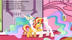 Size: 1746x987 | Tagged: safe, derpibooru import, edit, screencap, princess celestia, sunset shimmer, alicorn, equestria girls, equestria girls series, forgotten friendship, bible verse, discovery family logo, forgiveness, heartwarming, it happened, momlestia, religion, reunion, royal guard, spanish, the prodigal sunset