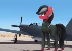 Size: 4294x3004 | Tagged: safe, artist:mrscroup, derpibooru import, oc, oc:dustbowl dune, unofficial characters only, pony, absurd resolution, clothes, commission, flight suit, flightline, p-51 mustang, plane, solo