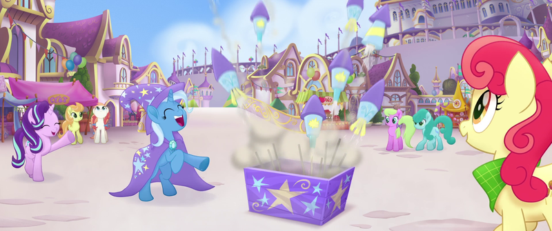 Size: 1920x804 | Tagged: safe, derpibooru import, screencap, apple bumpkin, cantaloupe (character), dawn sunrays, starlight glimmer, trixie, unnamed pony, earth pony, pony, unicorn, my little pony: the movie, apple family member, background pony, bandana, canterlot, female, fireworks, hoofy-kicks, mare, market, rearing, rocket, waving, we got this together