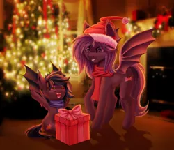 Size: 1400x1204 | Tagged: safe, artist:wingell, derpibooru import, oc, oc:angel tears, oc:speck, unofficial characters only, bat pony, bat pony oc, christmas, christmas tree, clothes, family, female, fireplace, foal, hat, holiday, mother and daughter, present, santa hat, scarf, smiling, tree, ych result