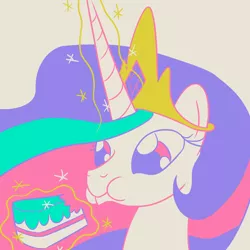 Size: 1280x1280 | Tagged: safe, artist:phat_guy, derpibooru import, princess celestia, alicorn, pony, a slice of too much, bust, cake, cakelestia, eating, female, food, glowing horn, gray background, levitation, limited palette, looking at something, magic, mare, nom, portrait, puffy cheeks, simple background, solo, telekinesis
