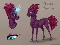 Size: 1000x750 | Tagged: safe, artist:dementra369, derpibooru import, tempest shadow, pony, unicorn, my little pony: the movie, broken horn, eye, eye scar, female, hoers, mare, open mouth, scar, simple background, solo, sparking horn