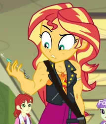 Size: 860x1000 | Tagged: safe, derpibooru import, edit, edited screencap, screencap, nolan north, starlight, sunset shimmer, comic:the amazonian effect, equestria girls, equestria girls series, forgotten friendship, background human, cropped, discovery family logo, exploitable meme, meme, muscles, needle, steroids, sunset holding things, sunset lifter, syringe