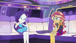 Size: 480x270 | Tagged: safe, derpibooru import, screencap, rarity, sunset shimmer, driving miss shimmer, equestria girls, equestria girls series, animated, blinking, bracelet, confused, cute, dancing, dancity, driving miss shimmer: rarity, eyes closed, frown, headbob, jewelry, limousine, raised eyebrow, raribetes, sitting, smiling