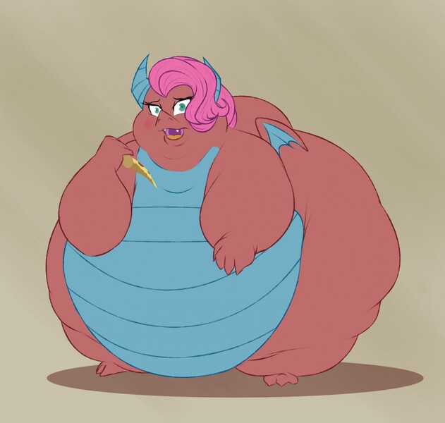 Size: 1280x1218 | Tagged: artist:astr0zone, bbw, belly, big belly, big mina, bingo wings, blushing, claws, derpibooru import, dragon, dragoness, dragon wings, embarrassed, fangs, fat, female, food, holding, horns, huge belly, huge butt, idw, impossibly large belly, impossibly large butt, large belly, large butt, meat, mina, morbidly obese, obese, open mouth, pepperoni, pepperoni pizza, pizza, questionable, solo, solo female, wings