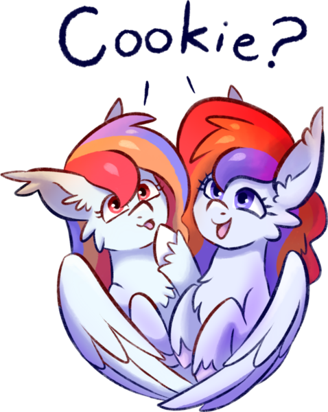 Size: 798x1001 | Tagged: artist:chirpy-chi, chest fluff, cookie, cute, derpibooru import, ear fluff, food, oc, oc:sunrise stratus, oc:sunset stratus, safe, simple background, speech, stratus twins, transparent background, twins, unofficial characters only, unshorn fetlocks